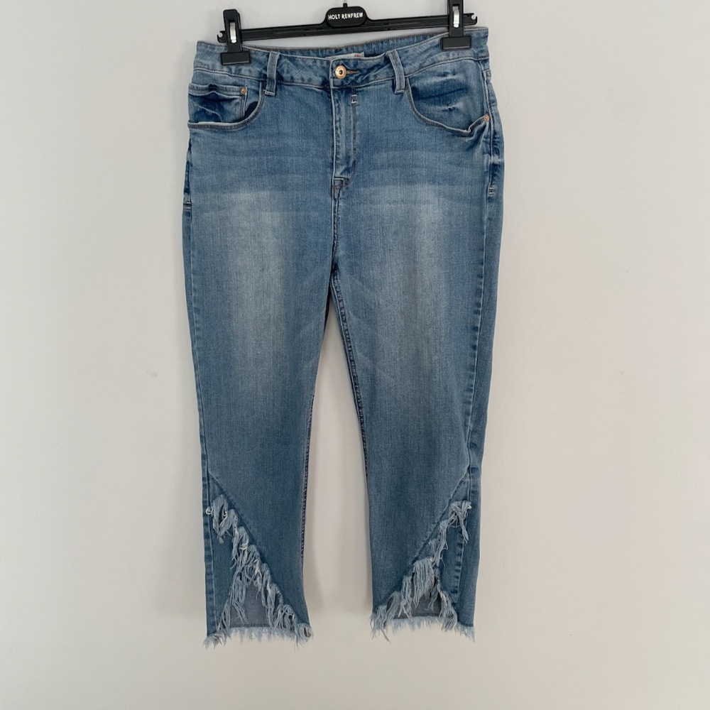 C&C California distressed blue stone washed stretch high rise jeans size 14/32